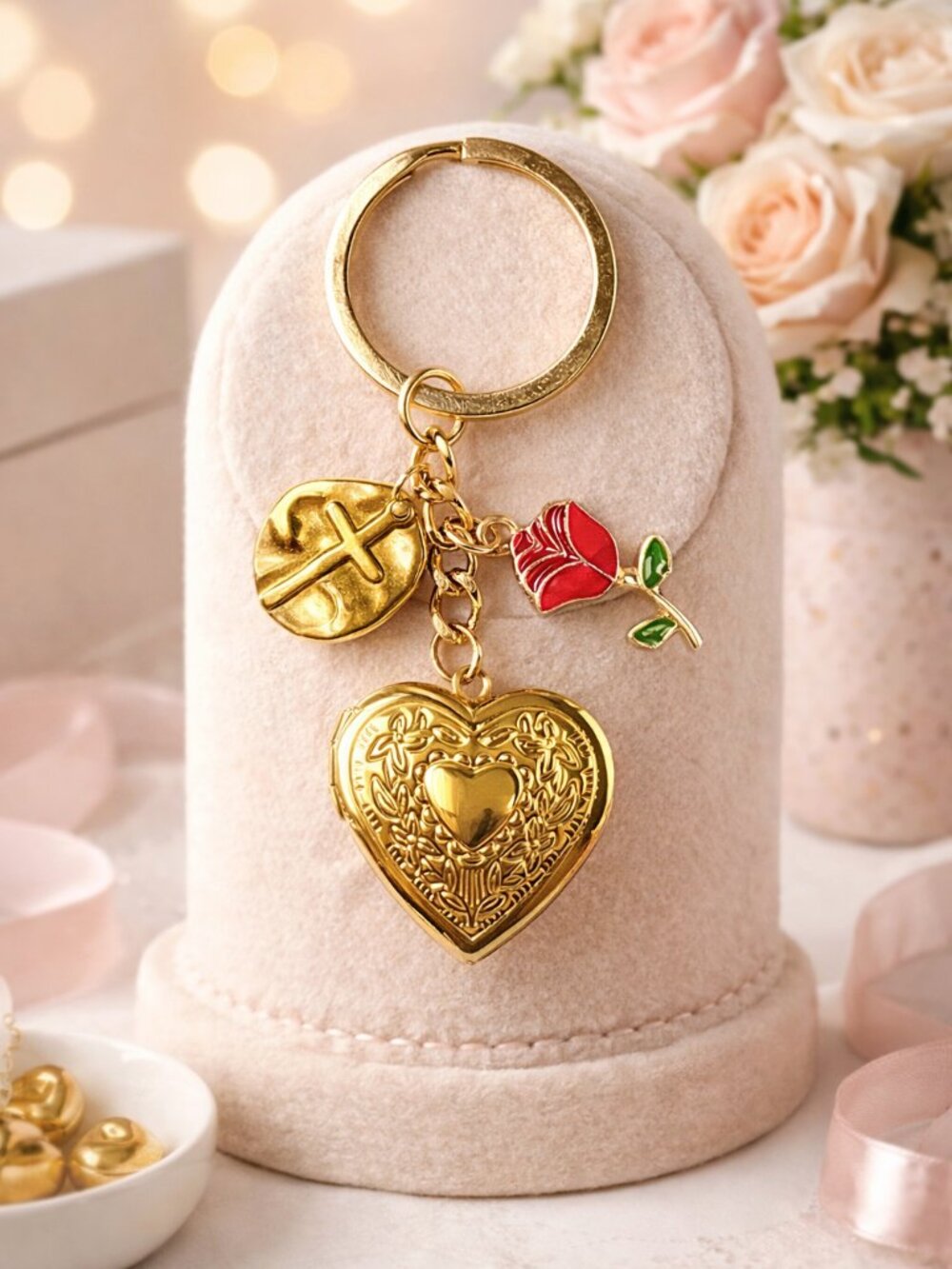 Vintage Style Heart Locket Keychain with Rose & Cross Charm